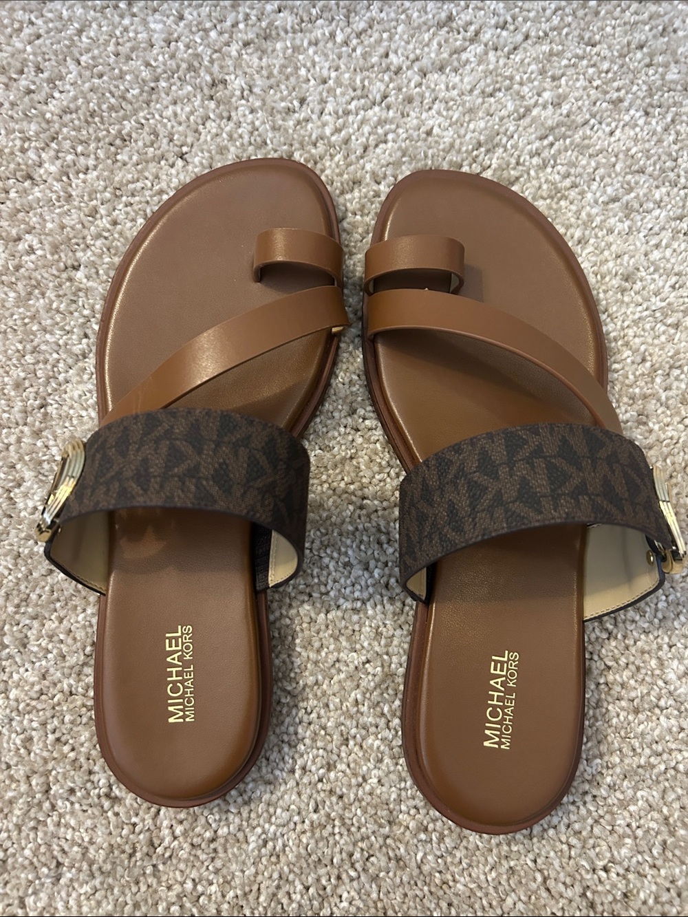Michael Kors Brown Leather & Logo Strap Slides with Gold Accent
